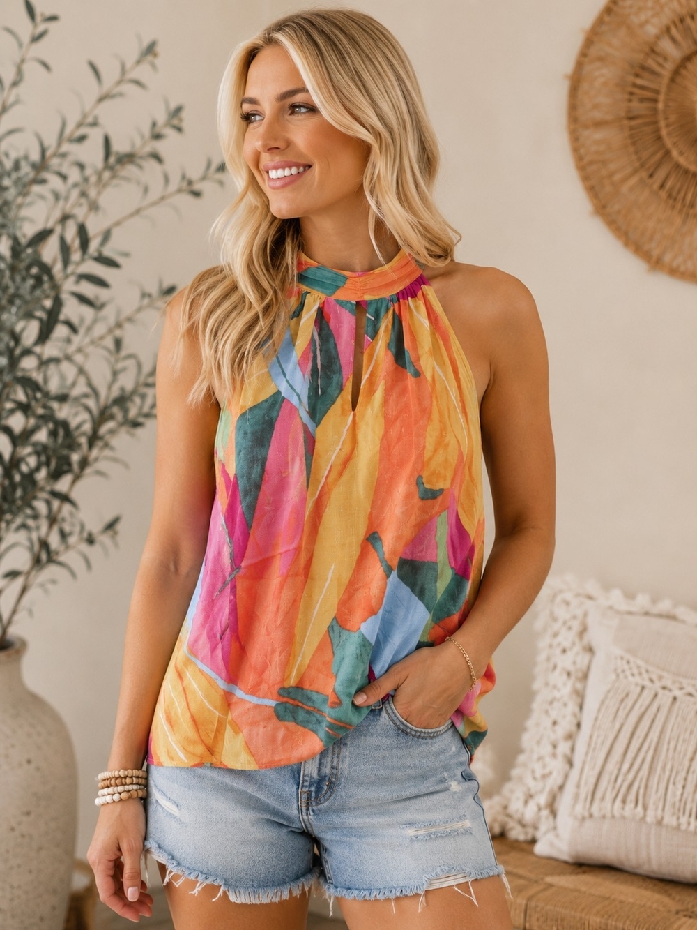 Christian Siriano Multicolor Halter Camisole in Bright Abstract Print